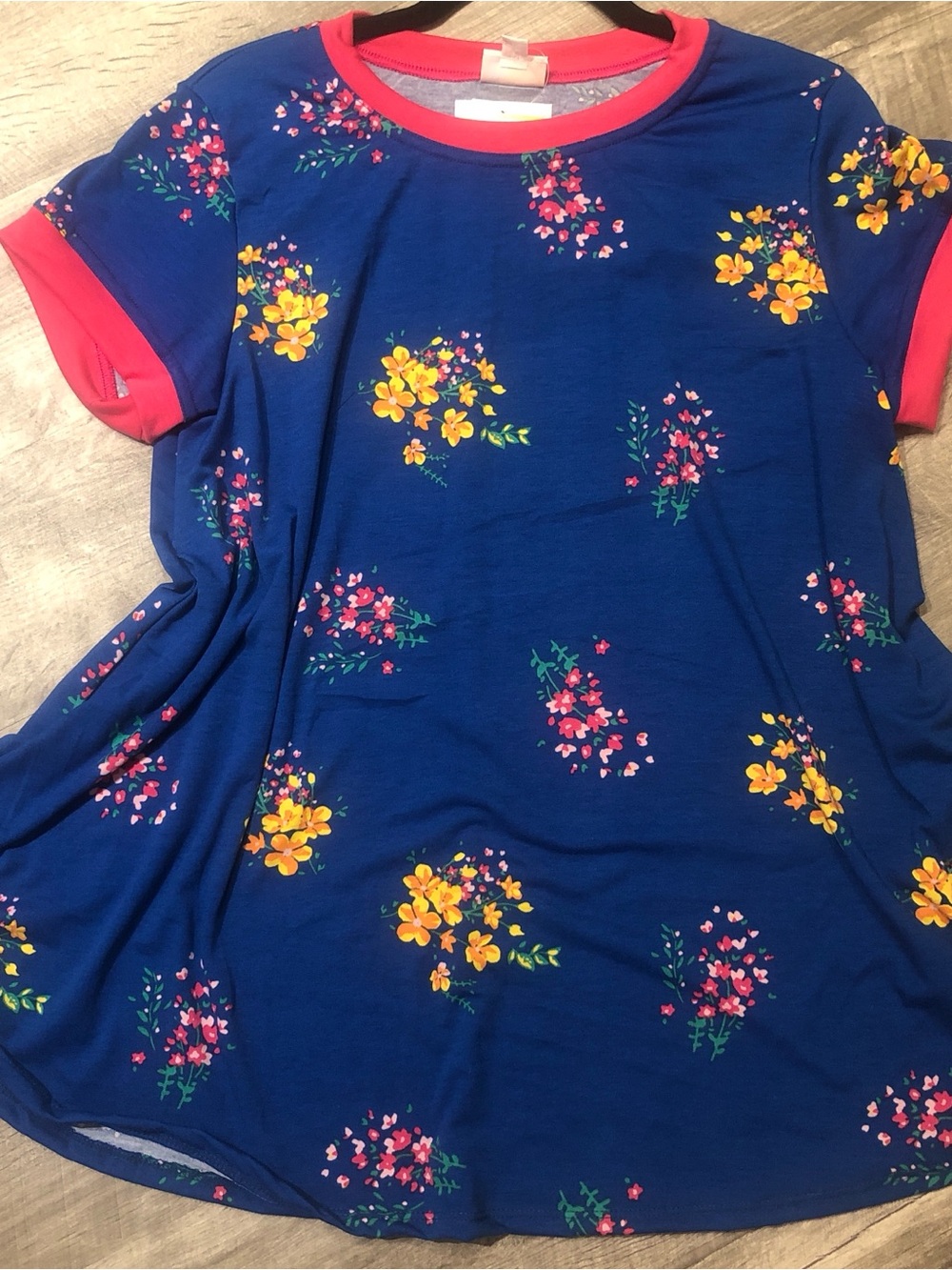 Blue Floral swing Tee with Pink Trim